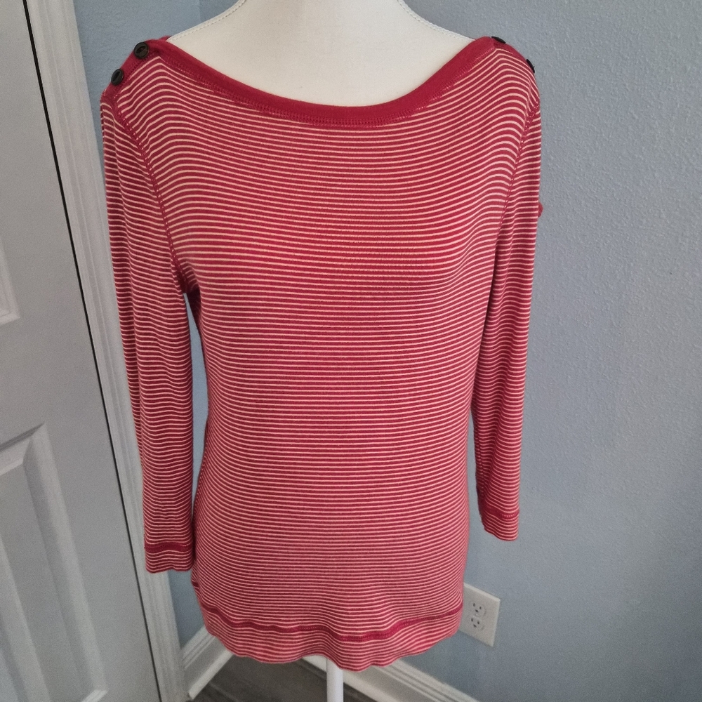 LRL Lauren Jeans Co Red White Stripe Cotton Top M 3/4 Sleeve Nautical